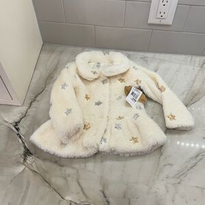 Baby Essentials Faux Fur Cream Glitter Star Jacket Ruffled bottom NWT